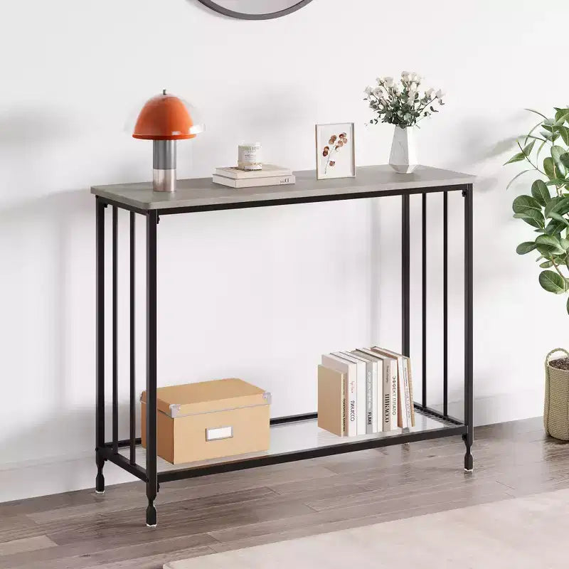 Console étroite, Petite table d'entrée avec étagère en verre et cadre en métal, Table de canapé marron rustique pour entrée/salon