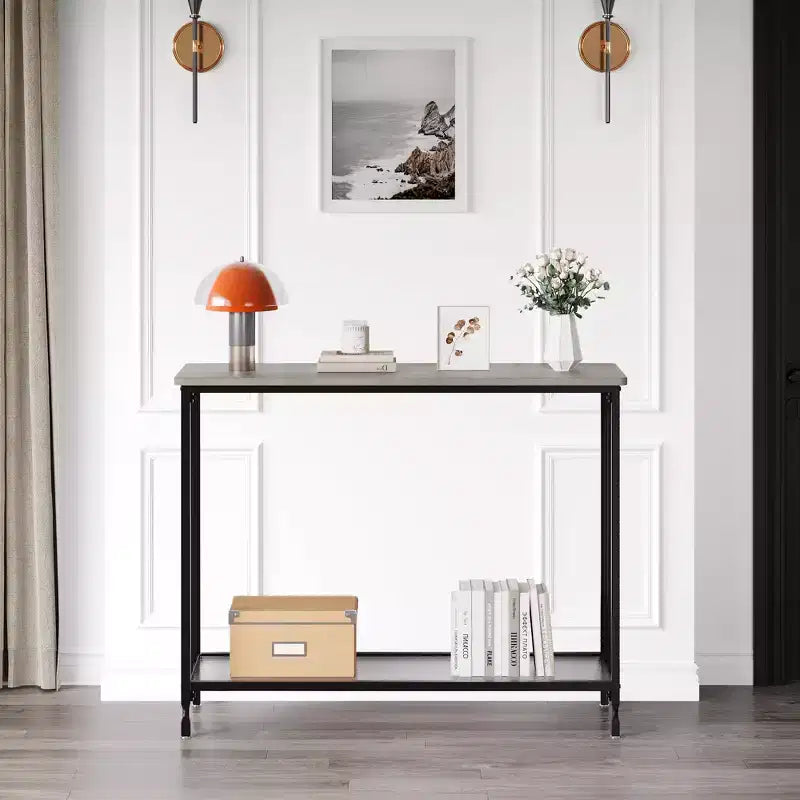 Console étroite, Petite table d'entrée avec étagère en verre et cadre en métal, Table de canapé marron rustique pour entrée/salon