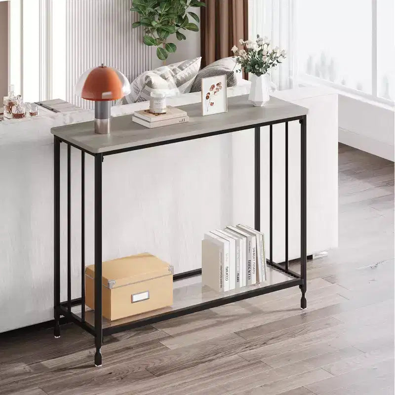 Console étroite, Petite table d'entrée avec étagère en verre et cadre en métal, Table de canapé marron rustique pour entrée/salon