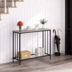 Console étroite, Petite table d'entrée avec étagère en verre et cadre en métal, Table de canapé marron rustique pour entrée/salon