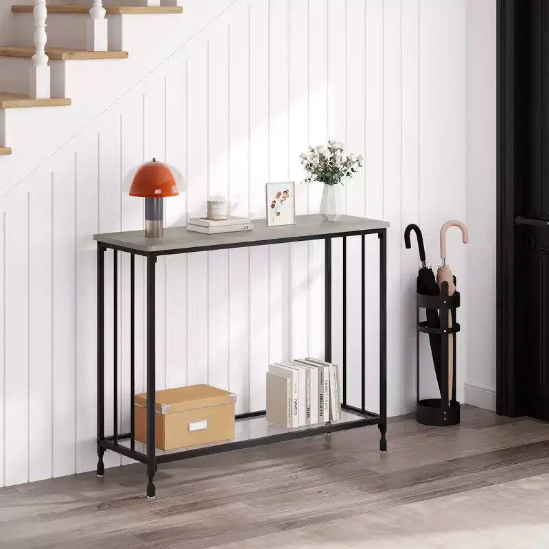 Console étroite, Petite table d'entrée avec étagère en verre et cadre en métal, Table de canapé marron rustique pour entrée/salon