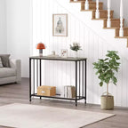 Console étroite, Petite table d'entrée avec étagère en verre et cadre en métal, Table de canapé marron rustique pour entrée/salon
