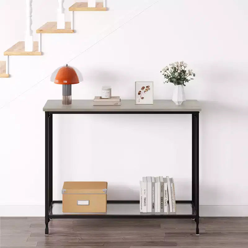 Console étroite, Petite table d'entrée avec étagère en verre et cadre en métal, Table de canapé marron rustique pour entrée/salon