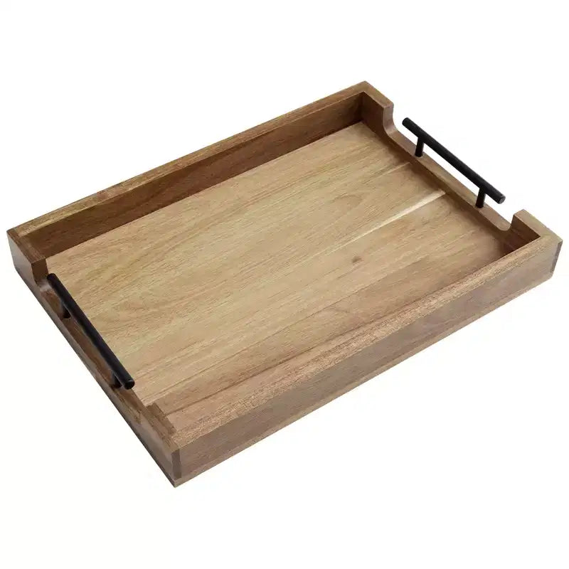 Plateau de service en bois avec poignées métalliques, plateau décoratif ottoman de 43x30 cm, polyvalent pour table basse/petit-déjeuner/lit/salon/cuisine/bar