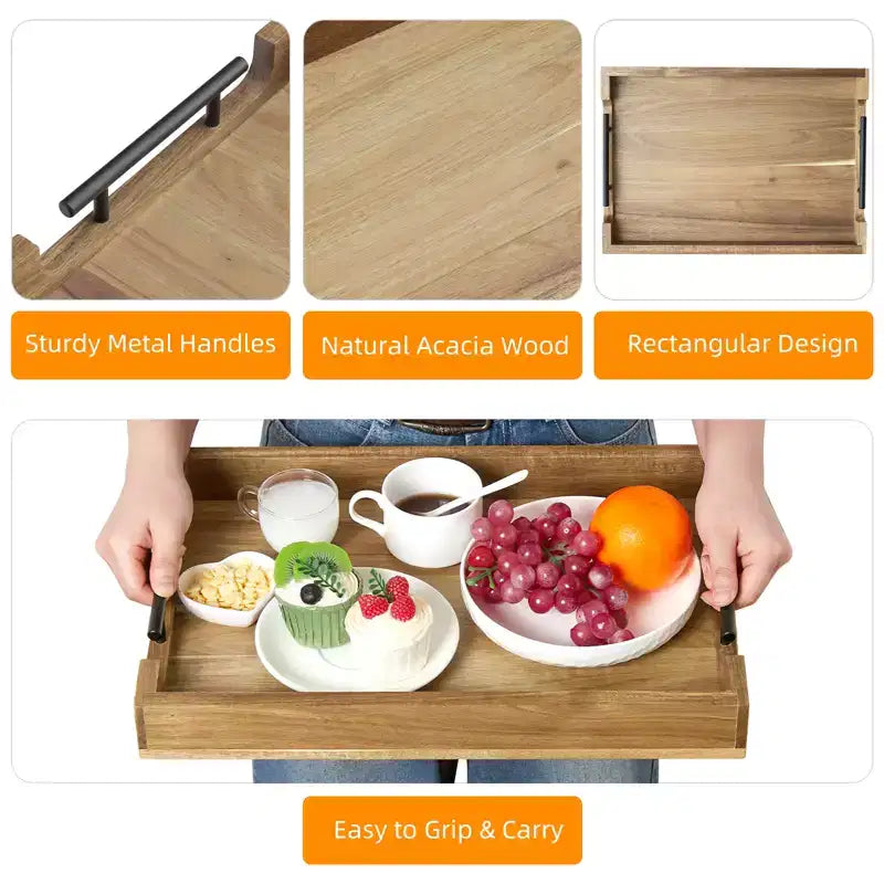 Plateau de service en bois avec poignées métalliques, plateau décoratif ottoman de 43x30 cm, polyvalent pour table basse/petit-déjeuner/lit/salon/cuisine/bar