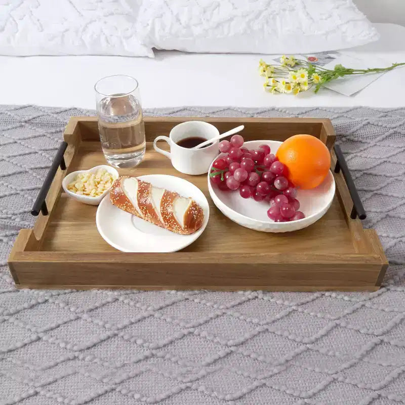 Plateau de service en bois avec poignées métalliques, plateau décoratif ottoman de 43x30 cm, polyvalent pour table basse/petit-déjeuner/lit/salon/cuisine/bar