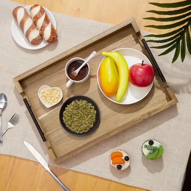 Plateau de service en bois avec poignées métalliques, plateau décoratif ottoman de 43x30 cm, polyvalent pour table basse/petit-déjeuner/lit/salon/cuisine/bar