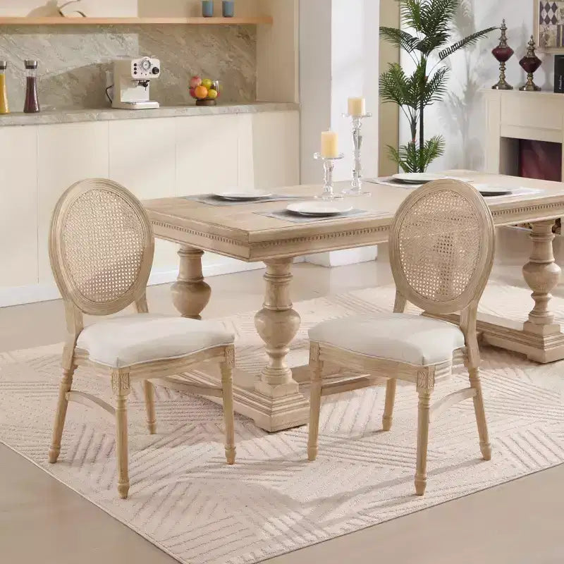 Chaises de salle à manger en rotin style campagne française Ora Maison, lot de 2, chaises rembourrées à dossier rond sculpté, beiges