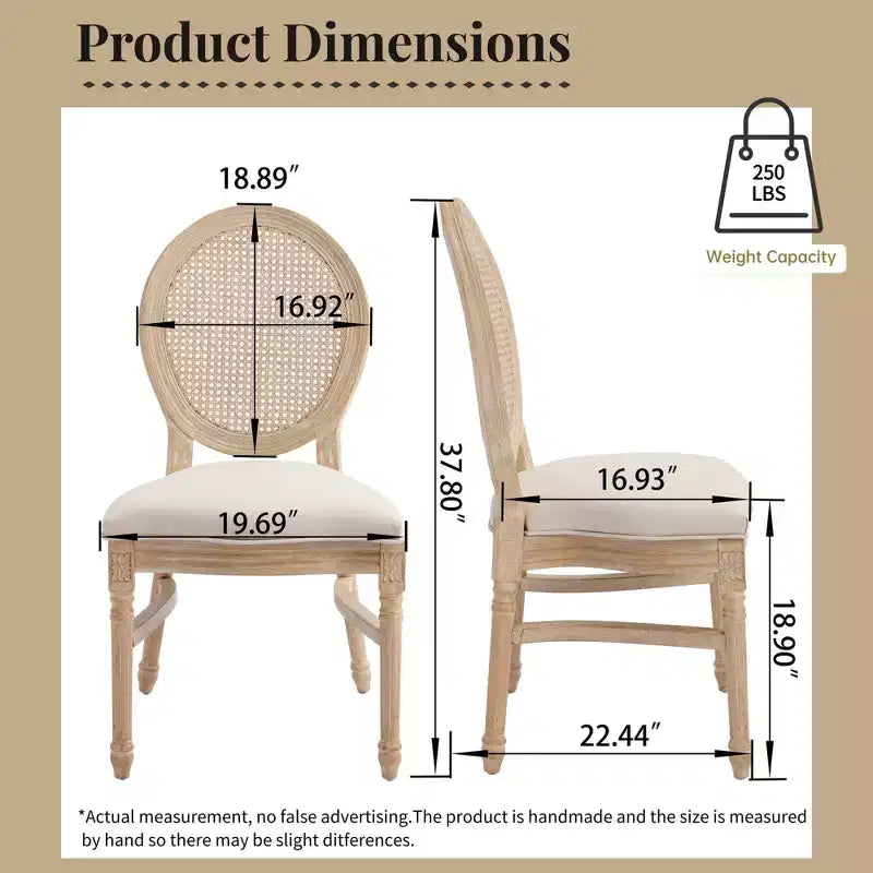 Chaises de salle à manger en rotin style campagne française Ora Maison, lot de 2, chaises rembourrées à dossier rond sculpté, beiges