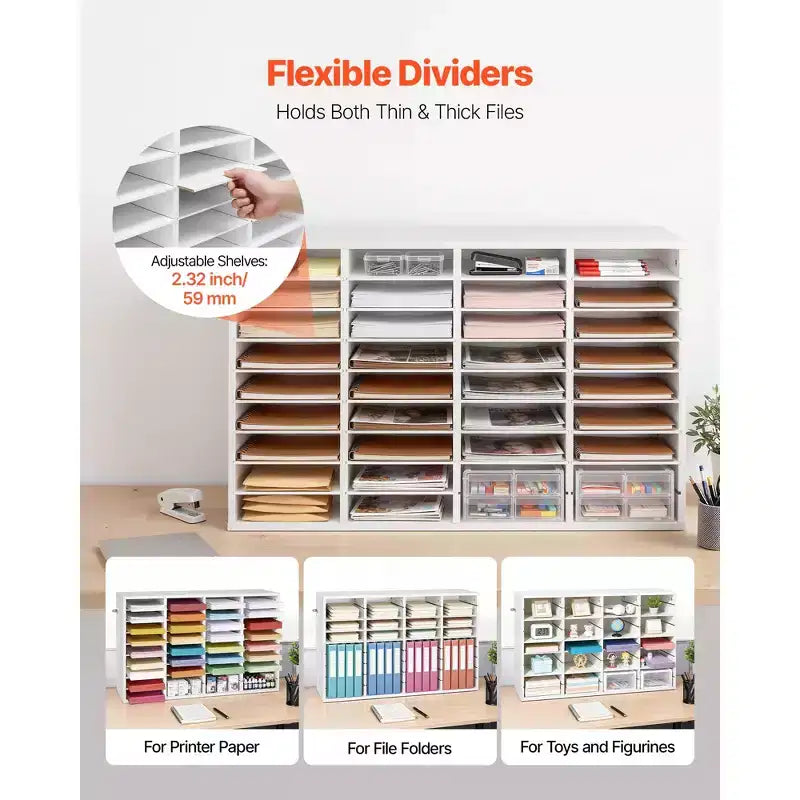 Organisateur de documents VEVOR, casier de bureau à 36 compartiments avec étagères amovibles, trieur de courrier en bois avec panneaux de particules, blanc