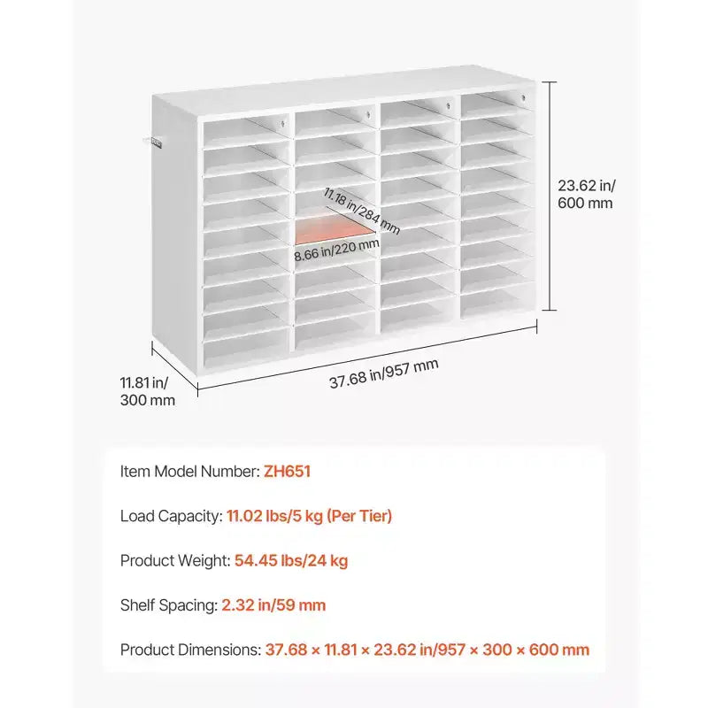 Organisateur de documents VEVOR, casier de bureau à 36 compartiments avec étagères amovibles, trieur de courrier en bois avec panneaux de particules, blanc