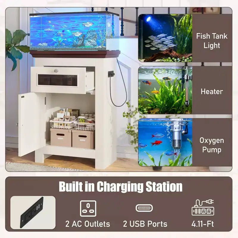 Meuble d'aquarium en bois GDFStudio Dalton Farmhouse avec prises électriques, meuble de rangement et tiroir