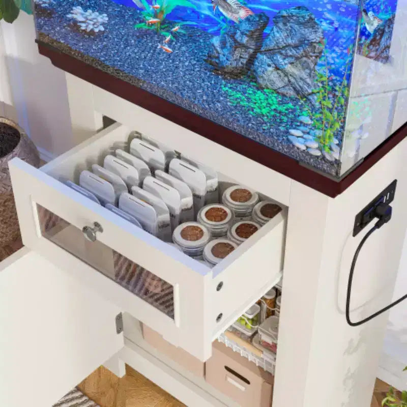 Meuble d'aquarium en bois GDFStudio Dalton Farmhouse avec prises électriques, meuble de rangement et tiroir