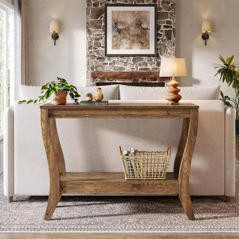 Table console en bois massif Lantine, table d'entrée de style ferme de 41,3 pouces avec étagère de rangement, table d'appoint à 2 niveaux pour salon, couloir, entrée