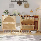 Meuble à Chaussures en Rotin Naturel avec 2 Tiroirs Basculants, Miroir et Étagères Réglables, Meuble à Chaussures sur Pied pour Entrée, Couloir, Placard