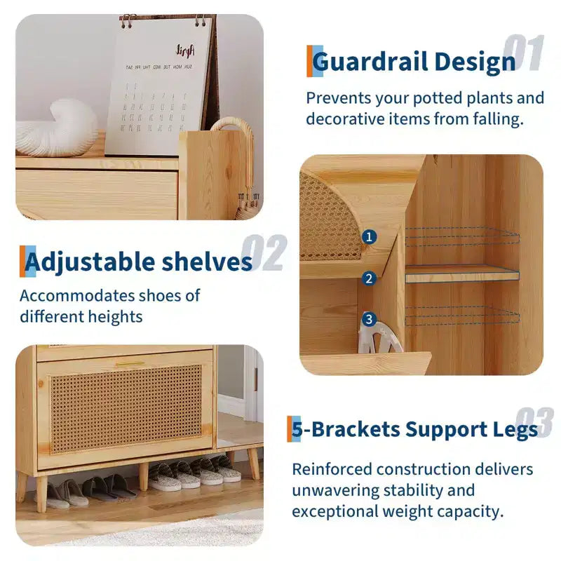 Meuble à Chaussures en Rotin Naturel avec 2 Tiroirs Basculants, Miroir et Étagères Réglables, Meuble à Chaussures sur Pied pour Entrée, Couloir, Placard