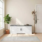 FurnitureR Shoe Storage Bench with Cushion, Farmhouse Entryway Bench with Cabinet Doors, Upholstered Shoe Bench for Entryway, Mudroom or Hallway