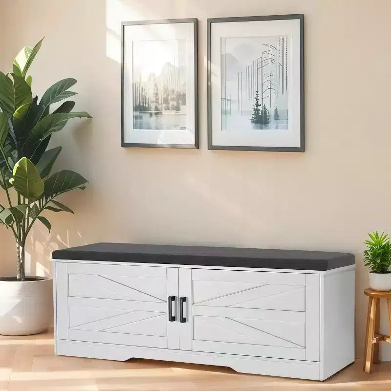 Banc de rangement pour chaussures FurnitureR avec coussin, banc d'entrée de style ferme avec portes de placard, banc à chaussures rembourré pour entrée, vestiaire ou couloir
