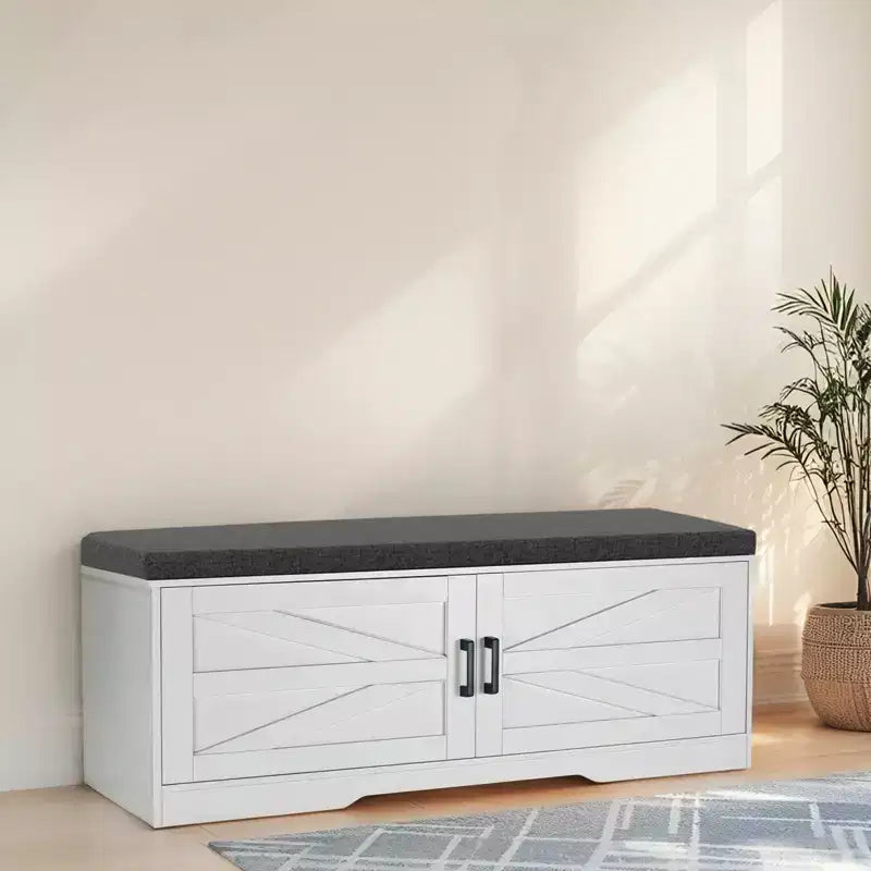 Banc de rangement pour chaussures FurnitureR avec coussin, banc d'entrée de style ferme avec portes de placard, banc à chaussures rembourré pour entrée, vestiaire ou couloir