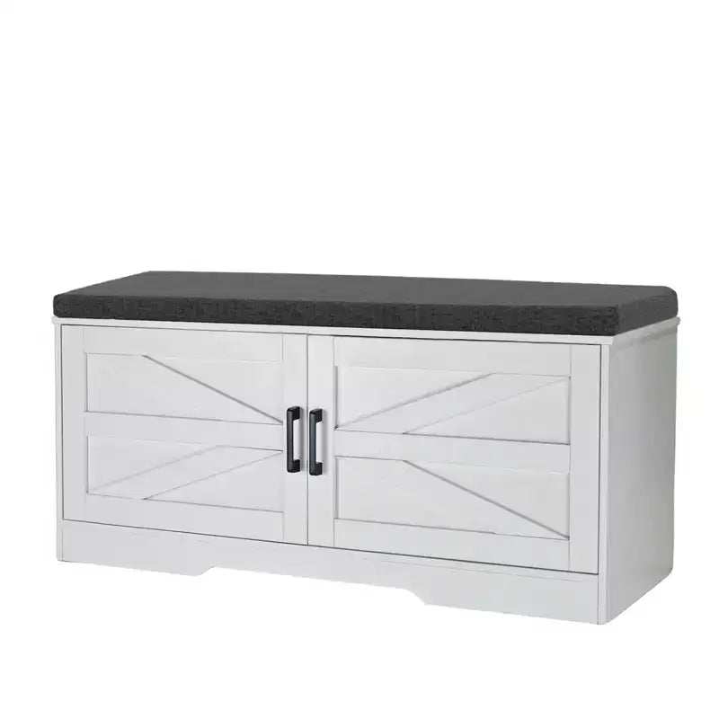 Banc de rangement pour chaussures FurnitureR avec coussin, banc d'entrée de style ferme avec portes de placard, banc à chaussures rembourré pour entrée, vestiaire ou couloir
