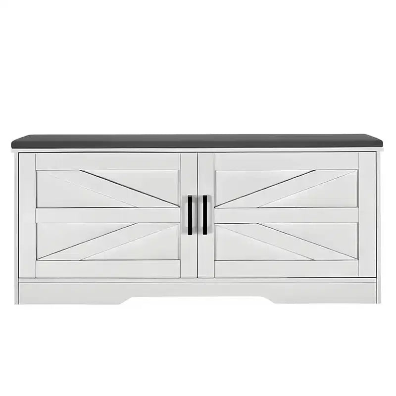 Banc de rangement pour chaussures FurnitureR avec coussin, banc d'entrée de style ferme avec portes de placard, banc à chaussures rembourré pour entrée, vestiaire ou couloir