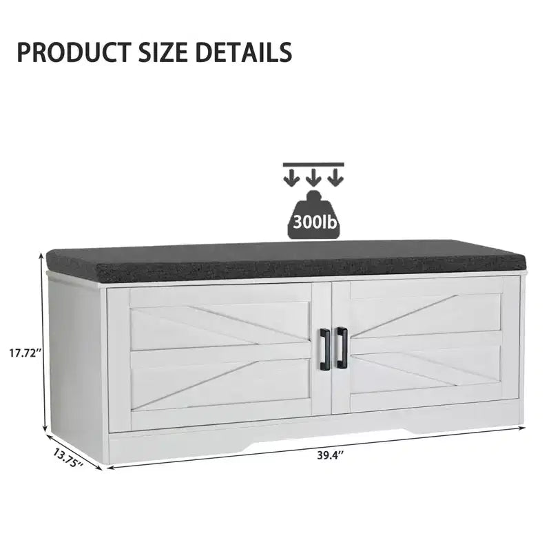 Banc de rangement pour chaussures FurnitureR avec coussin, banc d'entrée de style ferme avec portes de placard, banc à chaussures rembourré pour entrée, vestiaire ou couloir