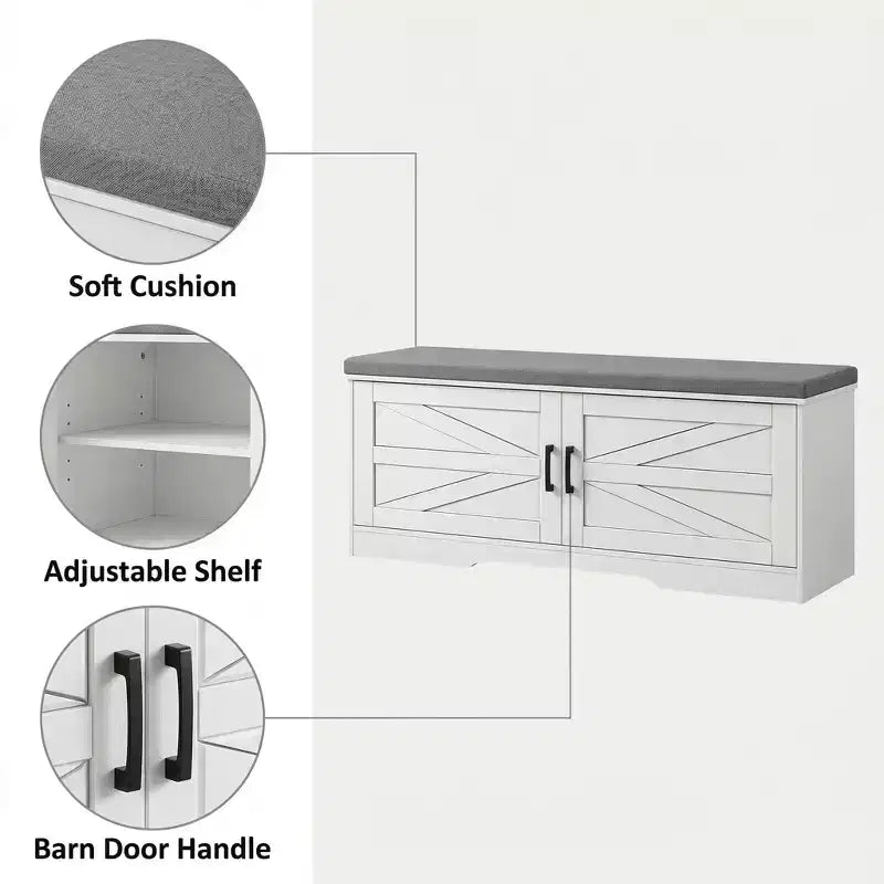 Banc de rangement pour chaussures FurnitureR avec coussin, banc d'entrée de style ferme avec portes de placard, banc à chaussures rembourré pour entrée, vestiaire ou couloir