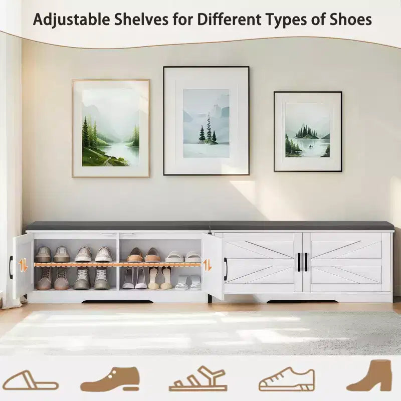 Banc de rangement pour chaussures FurnitureR avec coussin, banc d'entrée de style ferme avec portes de placard, banc à chaussures rembourré pour entrée, vestiaire ou couloir