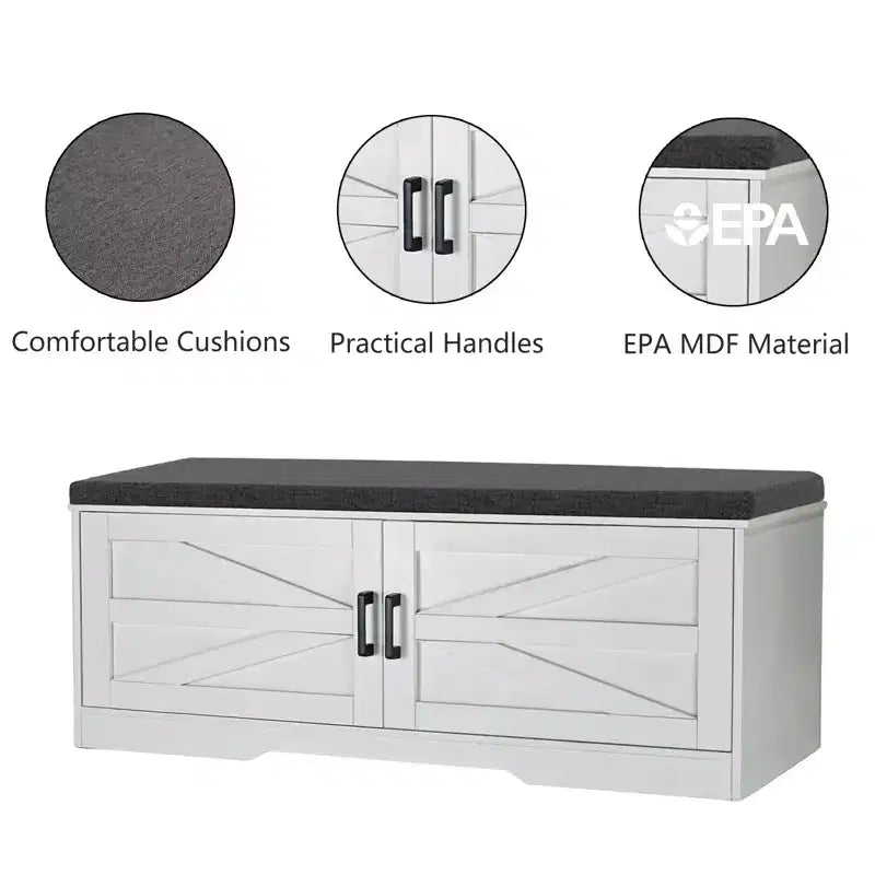 Banc de rangement pour chaussures FurnitureR avec coussin, banc d'entrée de style ferme avec portes de placard, banc à chaussures rembourré pour entrée, vestiaire ou couloir