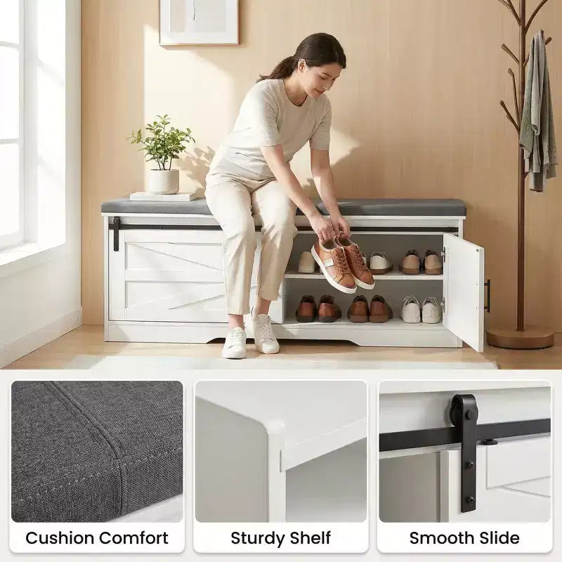 Banc de rangement pour chaussures FurnitureR avec coussin, banc d'entrée de style ferme avec portes de placard, banc à chaussures rembourré pour entrée, vestiaire ou couloir