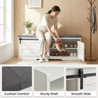 Banc de rangement pour chaussures FurnitureR avec coussin, banc d'entrée de style ferme avec portes de placard, banc à chaussures rembourré pour entrée, vestiaire ou couloir