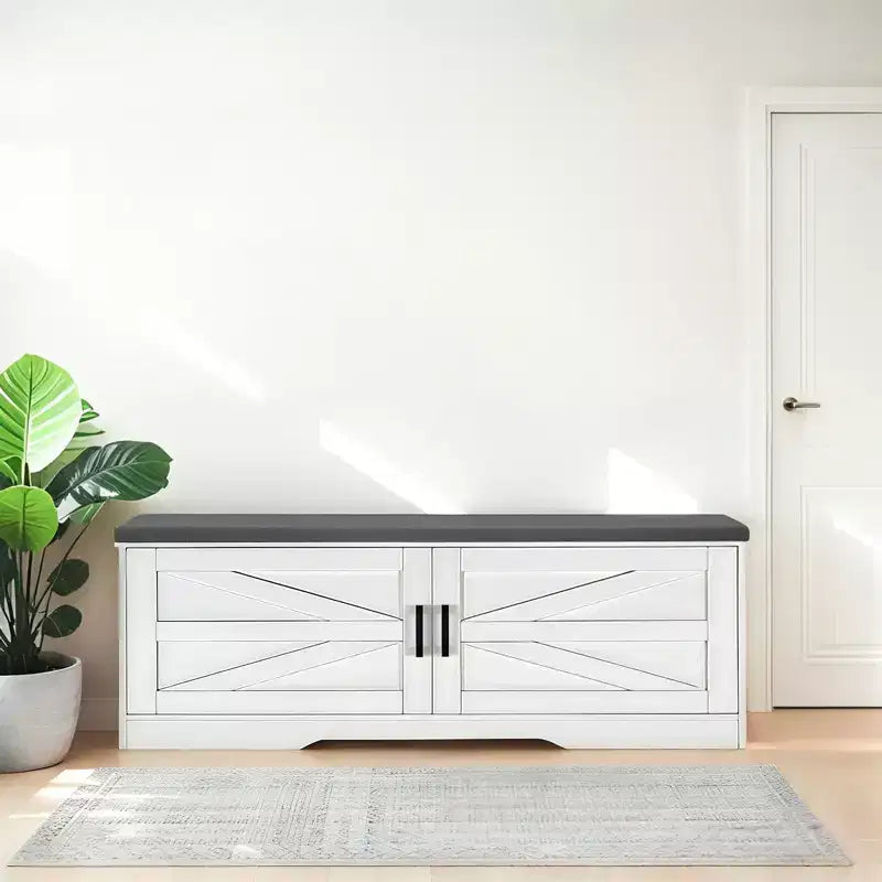 Banc de rangement pour chaussures FurnitureR avec coussin, banc d'entrée de style ferme avec portes de placard, banc à chaussures rembourré pour entrée, vestiaire ou couloir