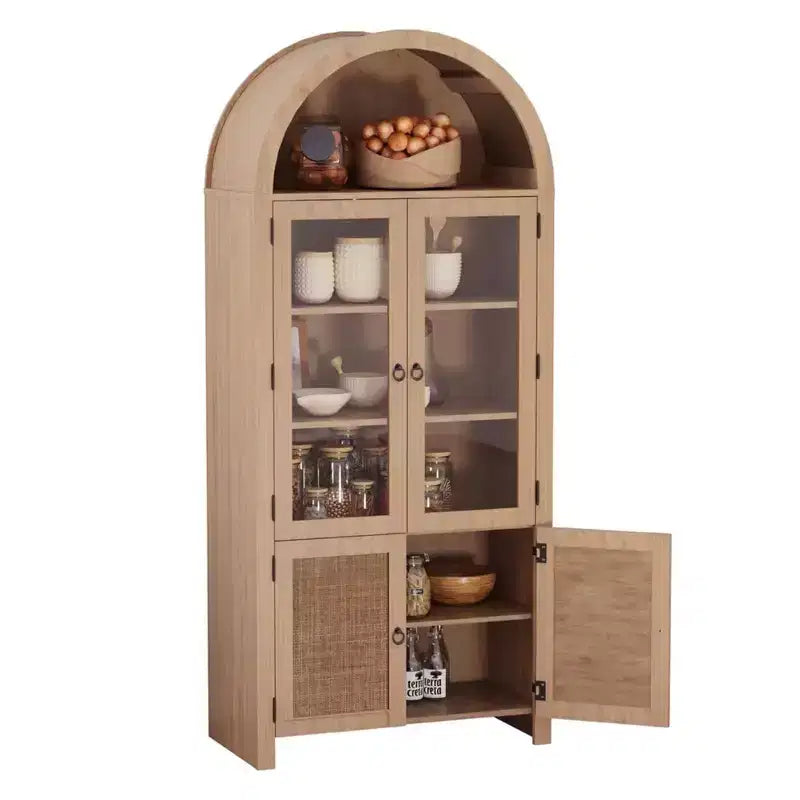 COZONY 71 Meuble de rangement de cuisine arqué avec portes en rotin et tiroir, Armoire de rangement haute en bois avec 6 étagères