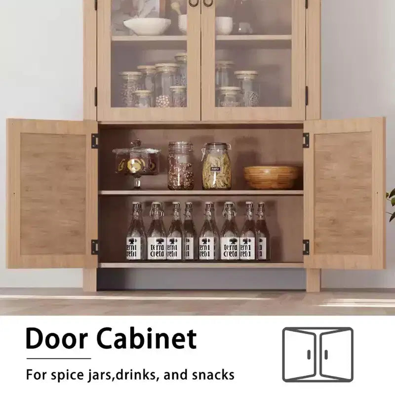 COZONY 71 Meuble de rangement de cuisine arqué avec portes en rotin et tiroir, Armoire de rangement haute en bois avec 6 étagères