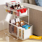 Organisateur coulissant à 2 niveaux pour armoire, étagères coulissantes robustes en acier au carbone, glissières amortissantes sans perçage pour cuisine/salle de bain