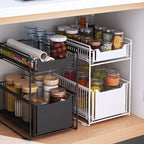 Organisateur coulissant à 2 niveaux pour armoire, étagères coulissantes robustes en acier au carbone, glissières amortissantes sans perçage pour cuisine/salle de bain