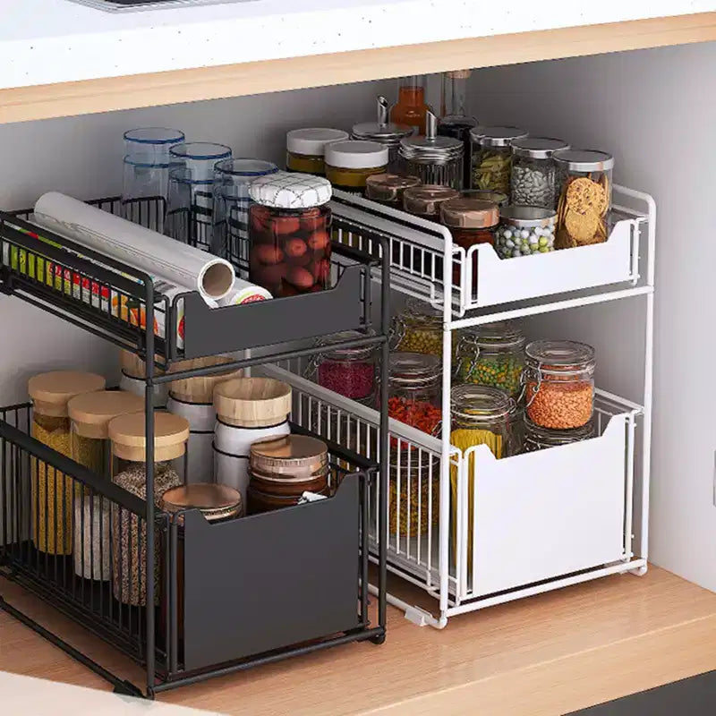 Organisateur coulissant à 2 niveaux pour armoire, étagères coulissantes robustes en acier au carbone, glissières amortissantes sans perçage pour cuisine/salle de bain