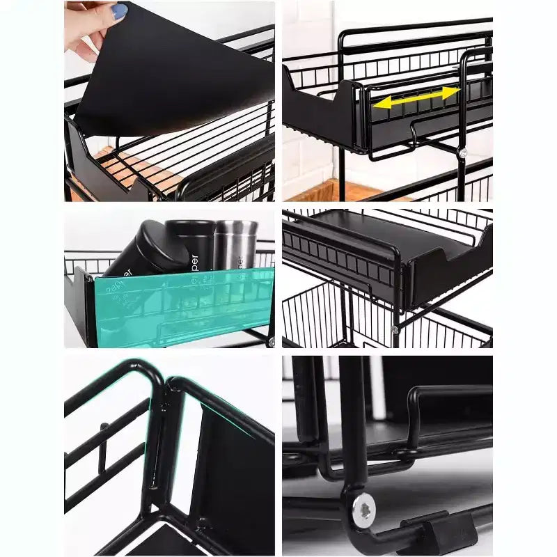 Organisateur coulissant à 2 niveaux pour armoire, étagères coulissantes robustes en acier au carbone, glissières amortissantes sans perçage pour cuisine/salle de bain
