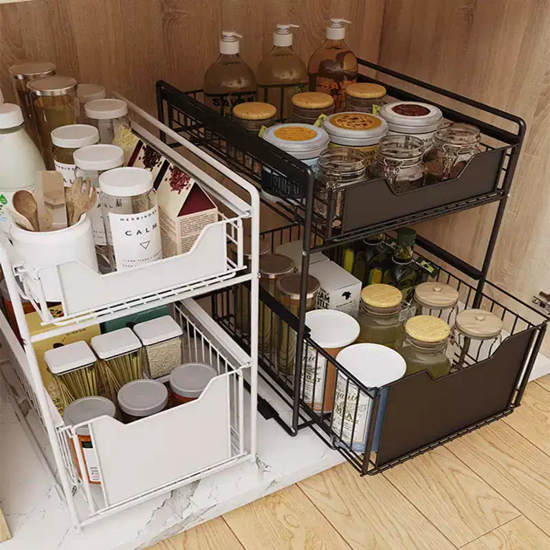 Organisateur coulissant à 2 niveaux pour armoire, étagères coulissantes robustes en acier au carbone, glissières amortissantes sans perçage pour cuisine/salle de bain