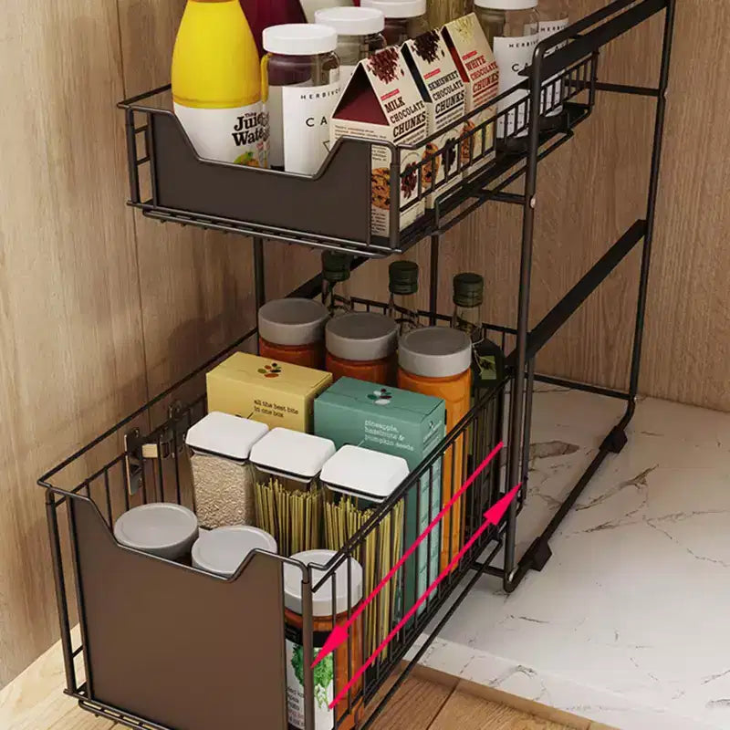 Organisateur coulissant à 2 niveaux pour armoire, étagères coulissantes robustes en acier au carbone, glissières amortissantes sans perçage pour cuisine/salle de bain