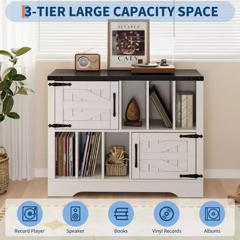 Meuble de rangement pour disques vinyles 39" de style ferme avec portes de grange - Peut contenir 450 albums - Meuble support de platine vinyle et console multimédia en bois avec 6 casiers de rangement