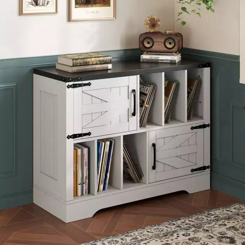 Meuble de rangement pour disques vinyles 39" de style ferme avec portes de grange - Peut contenir 450 albums - Meuble support de platine vinyle et console multimédia en bois avec 6 casiers de rangement