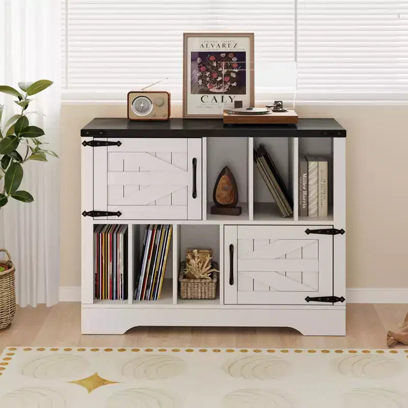 Meuble de rangement pour disques vinyles 39" de style ferme avec portes de grange - Peut contenir 450 albums - Meuble support de platine vinyle et console multimédia en bois avec 6 casiers de rangement