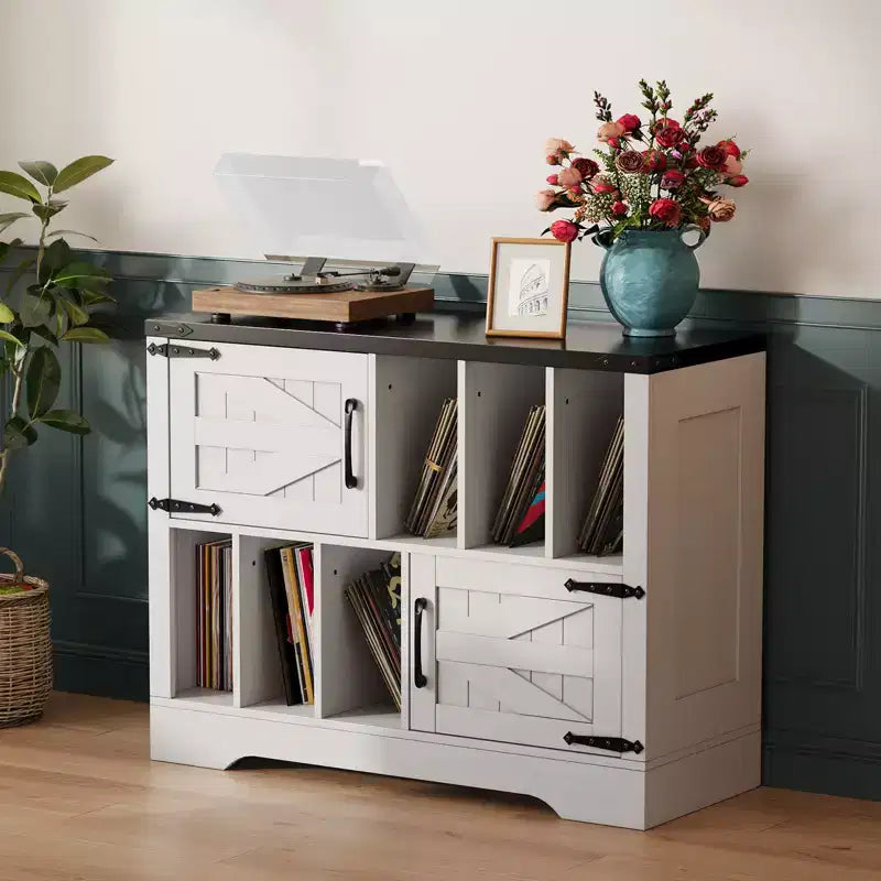 Meuble de rangement pour disques vinyles 39" de style ferme avec portes de grange - Peut contenir 450 albums - Meuble support de platine vinyle et console multimédia en bois avec 6 casiers de rangement