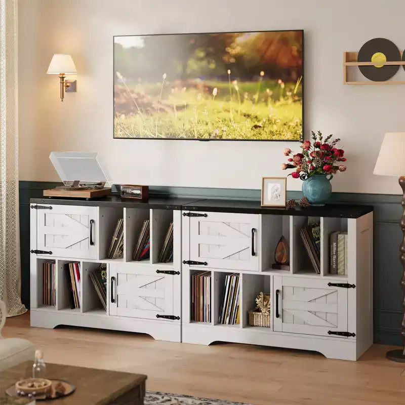 Meuble de rangement pour disques vinyles 39" de style ferme avec portes de grange - Peut contenir 450 albums - Meuble support de platine vinyle et console multimédia en bois avec 6 casiers de rangement