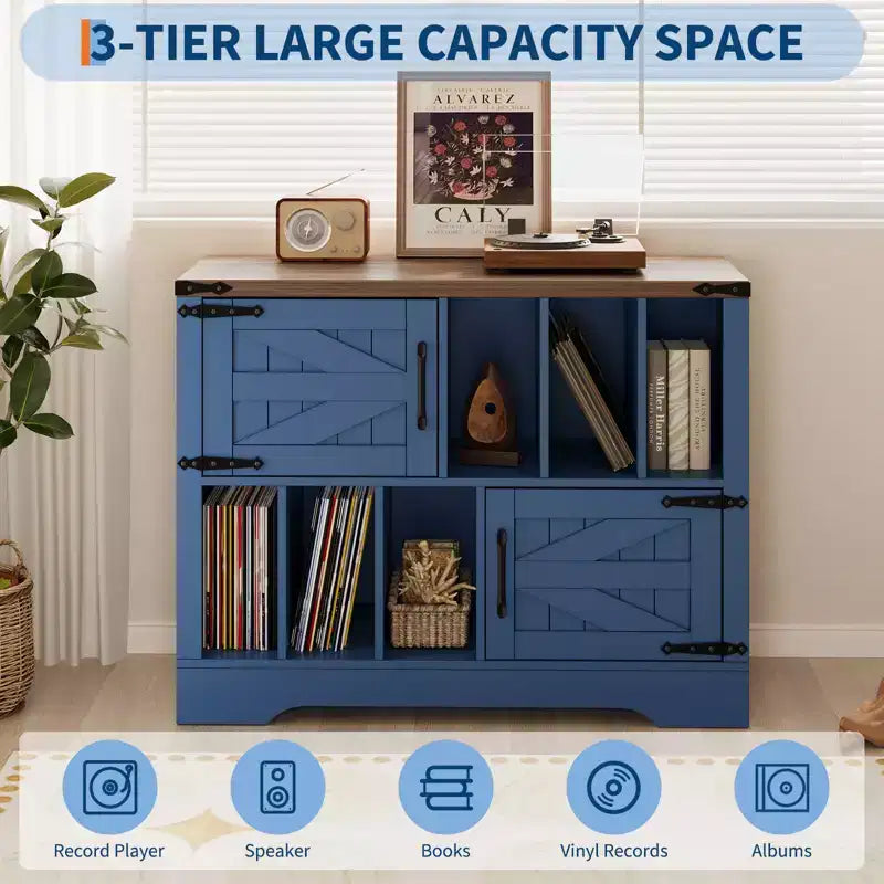 Meuble de rangement pour disques vinyles 39" de style ferme avec portes de grange - Peut contenir 450 albums - Meuble support de platine vinyle et console multimédia en bois avec 6 casiers de rangement