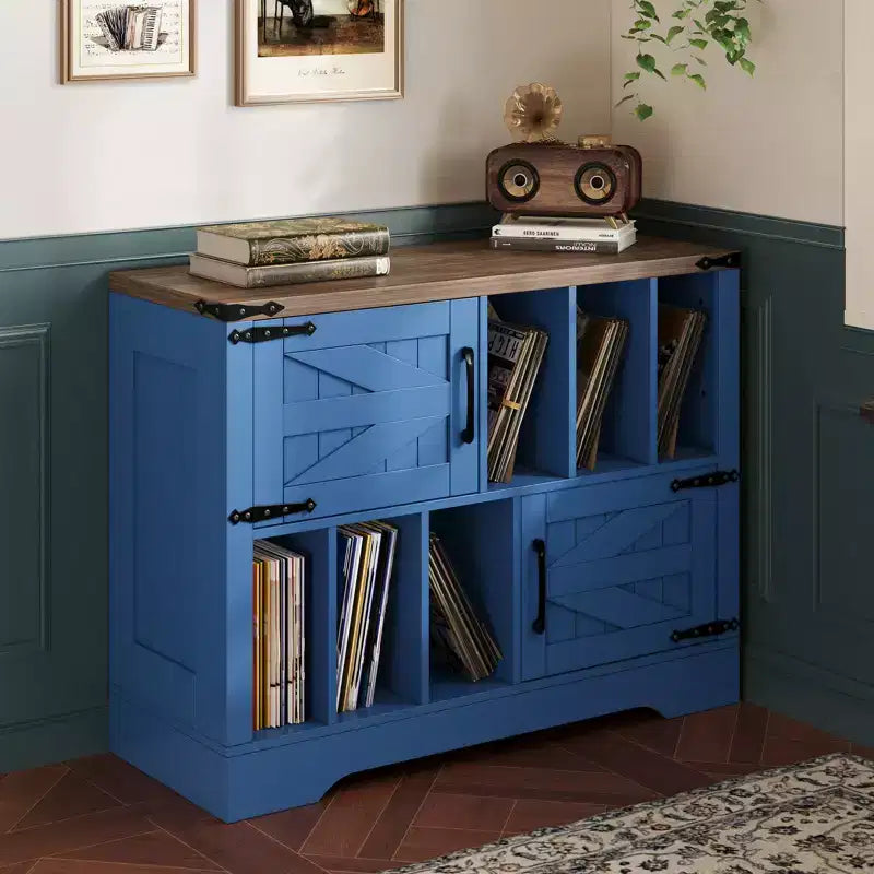 Meuble de rangement pour disques vinyles 39" de style ferme avec portes de grange - Peut contenir 450 albums - Meuble support de platine vinyle et console multimédia en bois avec 6 casiers de rangement