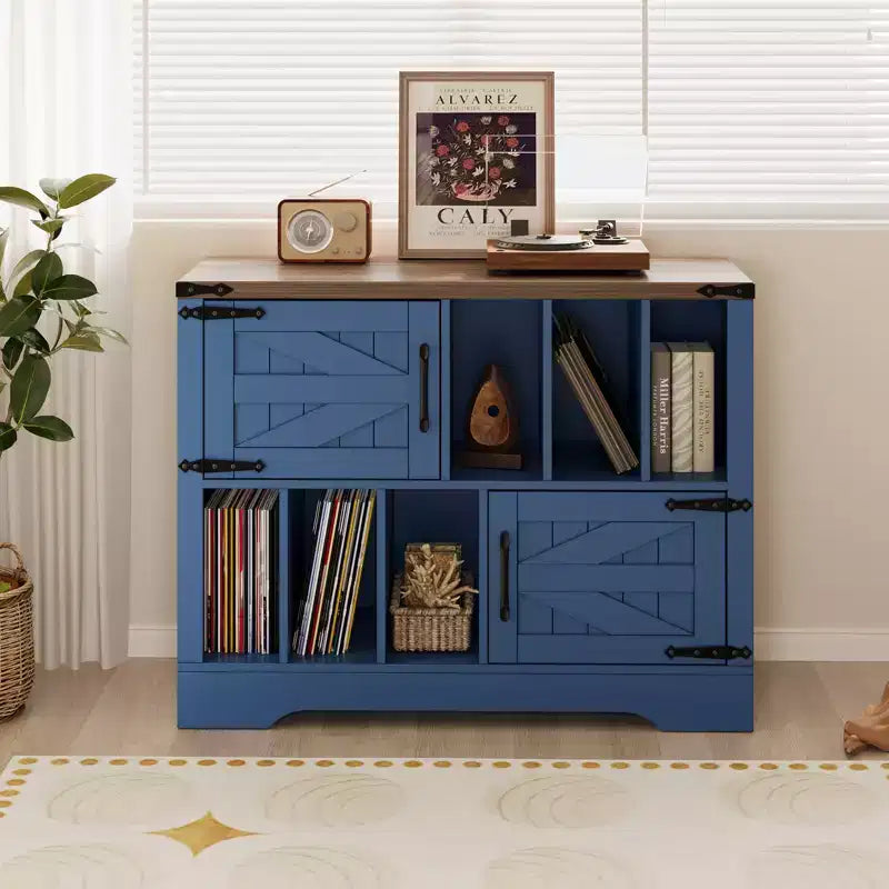 Meuble de rangement pour disques vinyles 39" de style ferme avec portes de grange - Peut contenir 450 albums - Meuble support de platine vinyle et console multimédia en bois avec 6 casiers de rangement