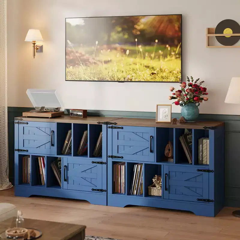 Meuble de rangement pour disques vinyles 39" de style ferme avec portes de grange - Peut contenir 450 albums - Meuble support de platine vinyle et console multimédia en bois avec 6 casiers de rangement