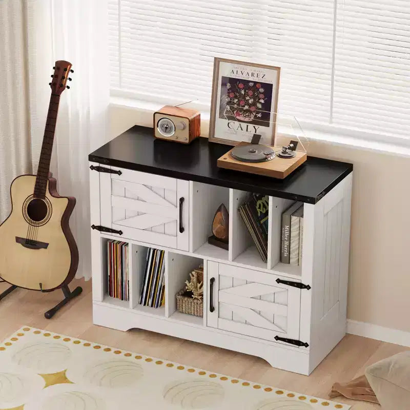 Meuble de rangement pour disques vinyles 39" de style ferme avec portes de grange - Peut contenir 450 albums - Meuble support de platine vinyle et console multimédia en bois avec 6 casiers de rangement